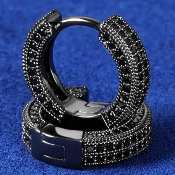 Mens 2ct Black Diamond Round Hoop Earrings Guys Rhodium Silver Jewelry Studs ct - Picture 8 of 9